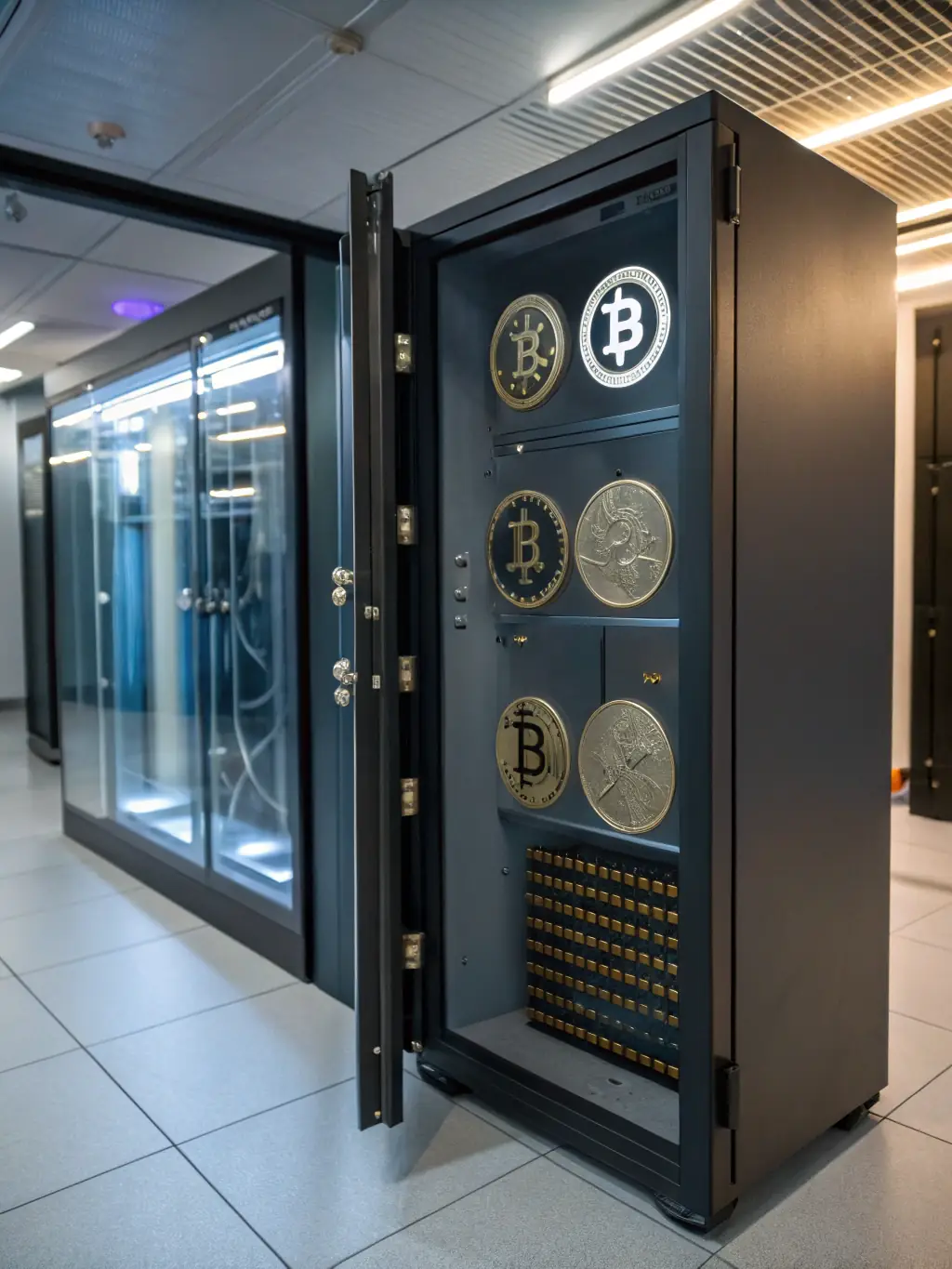 A secure digital vault with funds being transferred, representing the secure and efficient recovery of lost funds.
